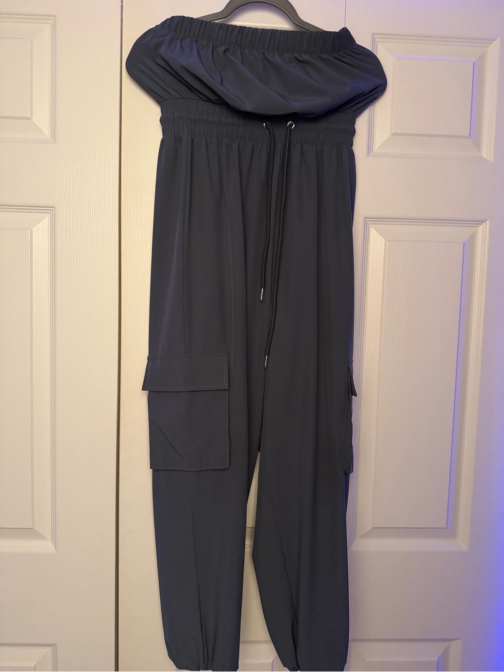 Strapless Cargo Jumpsuit in Slate Blue